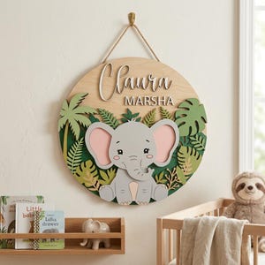 Personlig elefant barnrumsskylt SVG, Safari babynamn väggdekor, lager av djungeldjursskylt laserskuren fil, Cricut Glowforge