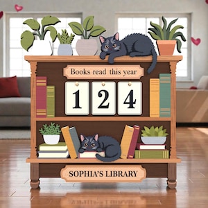 Katt & växt bokräknare SVG, lässpårare laserskuren fil Svg, personlig biblioteksskylt, Glowforge xTool Cricut, bokälskare present, 3D trä