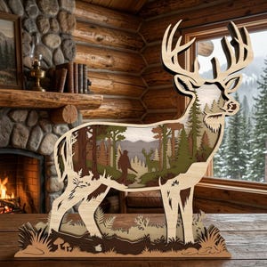 May include: A multi-layered wooden deer silhouette featuring a cut-out forest scene. The interior depicts a hunter, a smaller deer, and pine trees in shades of brown, green, and cream. The base includes carved ferns, mushrooms, and logs.