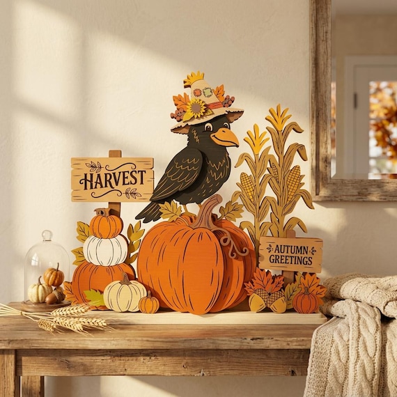 Crow Standing Decor SVG, Fall Harvest Pumpkin Decoration, Autumn Wooden Display, Thanksgiving Glowforge xTool Laser Cut File