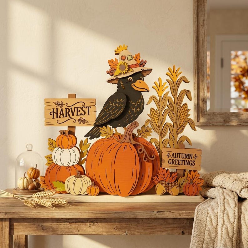 May include: A wooden tabletop decoration featuring a black crow wearing a patterned hat, perched on a large orange pumpkin. The display includes stalks of corn, smaller pumpkins, and two signs with the text HARVEST and AUTUMN GREETINGS.