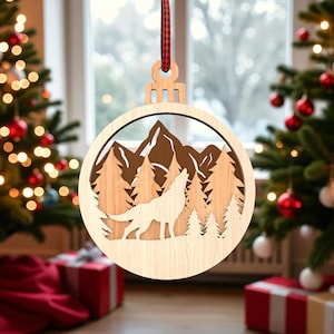 Wolf Christmas Ornament SVG, Layered Mountain Forest Ornament, Woodland Laser Cut Files, 3D Wood Rustic Decor, Glowforge Christmas Ornament