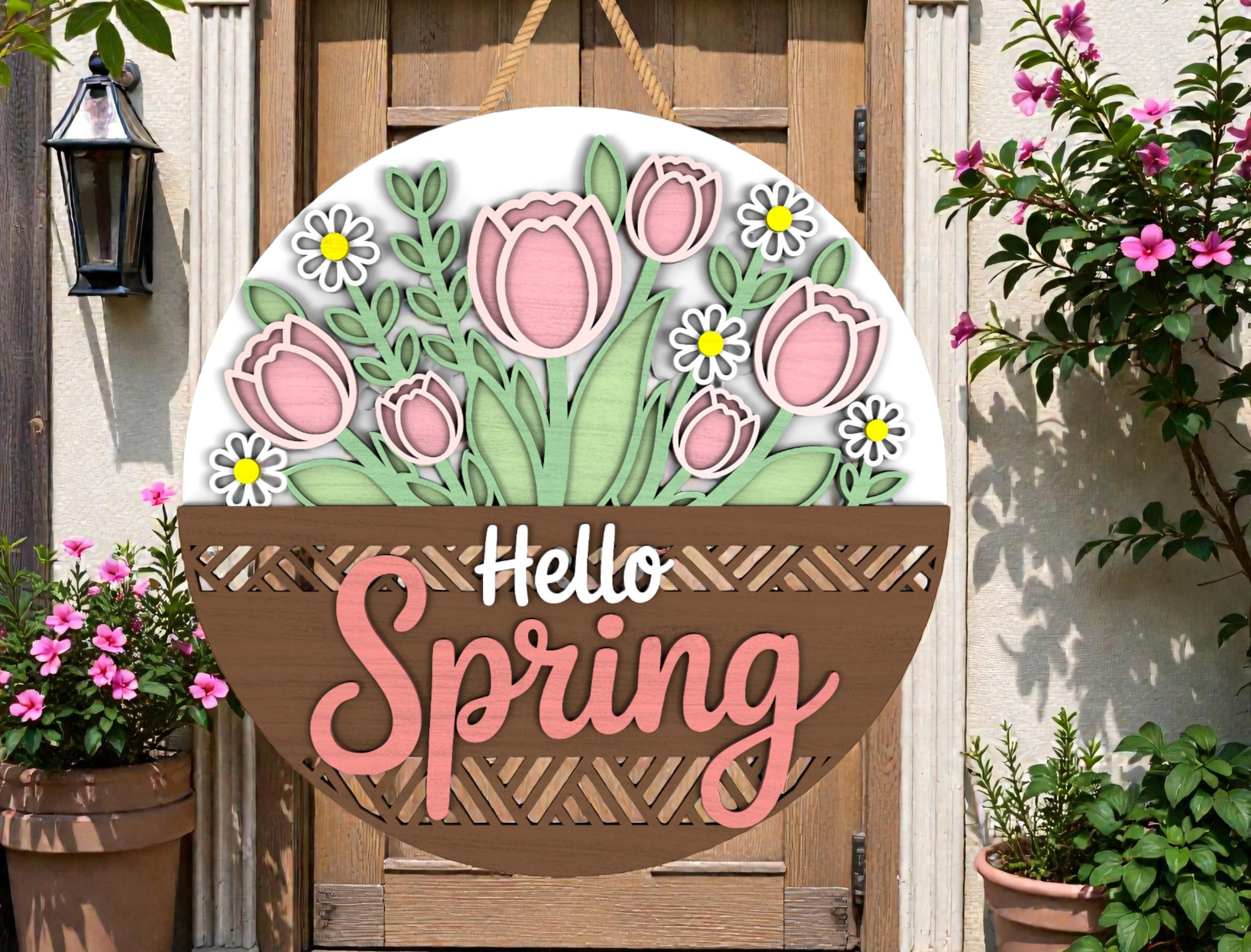 Hello Spring Round Sign Laser Cut File Svg, Layered Tulip Daisy Door ...