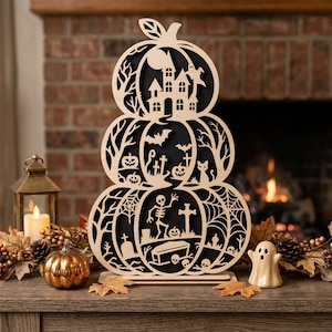 Halloween Pumpkin Stack SVG, Spooky Graveyard Decor, Haunted House Laser Cut File, Wooden Halloween Display SVG