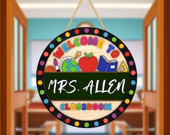 Welcome Classroom Sign Laser Cut File Svg, Teacher Door Hanger Svg, Back To School Round Svg, Apple Globe Book Classroom Decor