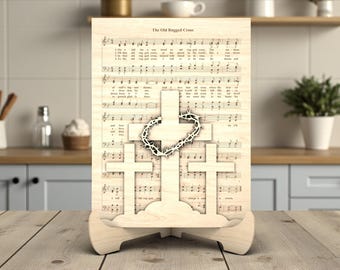 Stary, surowy krzyż SVG, drewniany znak religijny wycinany laserowo, nuty do hymnu, Glowforge xTool Cricut, chrześcijański prezent wielkanocny