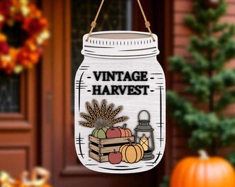 Vintage oogst Mason Jar teken SVG, herfst boerderij veranda decor, Thanksgiving pompoen tarwe lantaarn lasergesneden bestand, Cricut lasergesneden bestand