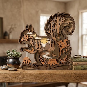 Könnte beinhalten: Eine mehrschichtige Holzskulptur eines Eichhörnchens mit einer detaillierten Waldszene, die darin geschnitzt ist. Die Skulptur zeigt ein Eichhörnchen, Bäume, einen Fluss und eine Eule. Die Farbpalette umfasst Brauntöne, Beige und Gelb.