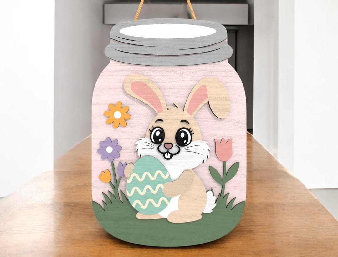 Bunny Mason Jar SVG, Easter Egg Door Hanger Laser Cut File, Layered ...