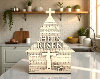 He Is Risen Church SVG, The Old Rugged Cross Hymn Sheet Music Decor, Wooden Religious Sign Laser Cut File, Glowforge xTool Cricut Easter Art
