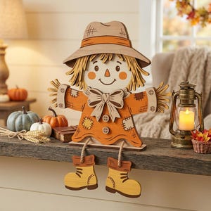 May include: A wooden scarecrow shelf sitter decoration featuring a tan hat, a bright orange shirt with a large bow, and two buttons. The figure has straw-like hair, stitched patches on the sleeves, and dangling legs with yellow boots attached by rope.