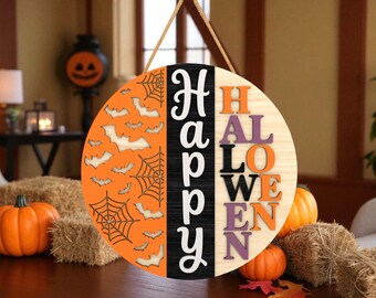 Happy Halloween Door Hanger Svg, Bat Spider Web Round Sign Svg, Spooky Porch Decor Svg, Trick Or Treat Halloween Door Sign , Glowforge File