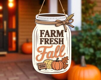 Farm Fresh Fall Sign SVG, Rustic Mason Jar Harvest Porch Décor, Pumpkin & Haystack Autumn Farmhouse SVG for Cricut Glowforge
