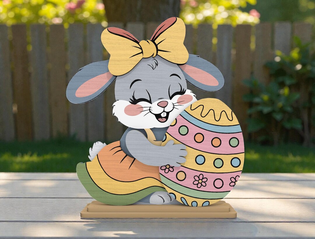 Easter Bunny Hugging Egg Layered Wood SVG, Cute Smiling Rabbit With Bow ...