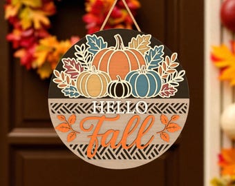 Pumpkin Door Hanger Laser Cut File Svg, Hello Fall Svg,  Layered Fall Round Sign Svg, Autumn Welcome Sign Svg, Glowforge File Svg,Fall Decor