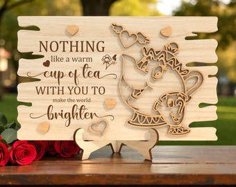 Cute Teapot and Cup Laser Cut File SVG, Tea Lover Gift, Kitchen Decor Sign, Warm Tea Quote, Glowforge xTool Cricut