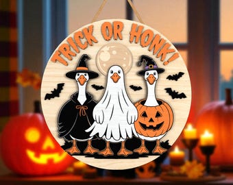 Trick Or Honk Goose Halloween Sign Svg, Funny Goose Pumpkin Door Hanger Svg, Spooky Farmhouse Porch Decor, Glowforge Halloween Cut Files