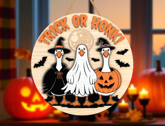 Trick Or Honk Goose Halloween Sign Svg, Funny Goose Pumpkin Door Hanger Svg, Spooky Farmhouse Porch Decor, Glowforge Halloween Cut Files