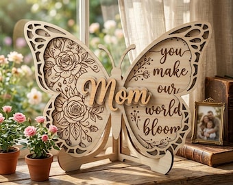 Butterfly Mom SVG, Floral Quote Layered Laser Cut File, “You Make Our World Bloom” Wood Sign for Cricut Glowforge, Digital Download