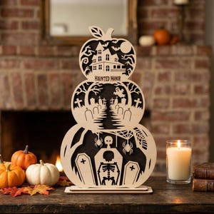 Haunted Manor Pumpkin Stack SVG, Halloween Tabletop Decor, Spooky Graveyard Laser Cut File, Wooden Halloween Display SVG