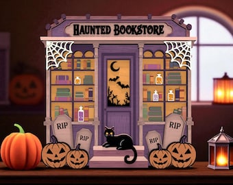 Halloween Bookstore Laser Cut File, Haunted Bookstore Svg, Spooky Bookshop Svg, Black Cat Svg, Halloween Bookshelf Svg,RIP Pumpkin Shelf Svg