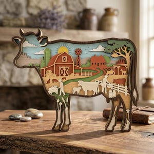 Könnte beinhalten: Ein mehrschichtiger Holzausschnitt in Form einer Kuh, der eine detaillierte Bauernhofszene mit einer roten Scheune, einer Windmühle, einer Sonne, Bäumen sowie Figuren von Menschen und Vieh zeigt. Das Design nutzt verschiedene Holztöne und Farben.