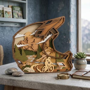 May include: A multi-layered wooden wall art piece shaped like a motorcycle helmet, featuring a laser-cut mountain landscape with pine trees, a winding path, and a cyclist riding a mountain bike. The design includes a sun, clouds, and terrain.