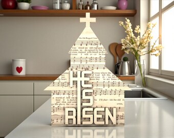 He Is Risen Church SVG, The Old Rugged Cross Hymn Sheet Music Decor, Wooden Religious Sign Laser Cut File, Glowforge xTool Cricut Easter Art