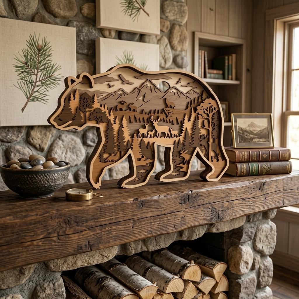Bear Tabletop Sign SVG, Layered Woodland Wildlife Scene, Forest