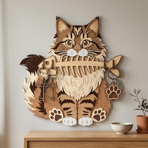 May include: Wooden cat key holder, featuring a fish-shaped key rack. The cat is brown and tan with a fluffy tail and paws. It holds the fish bone key rack in its mouth, with several keys and a paw-shaped keychain attached.