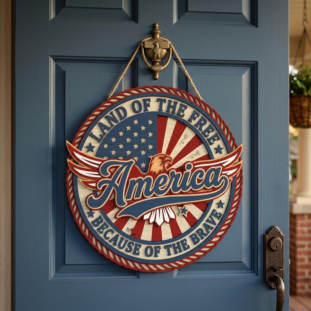 Land of the Free Because Door Hanger SVG, Patriotic America Round Sign ...