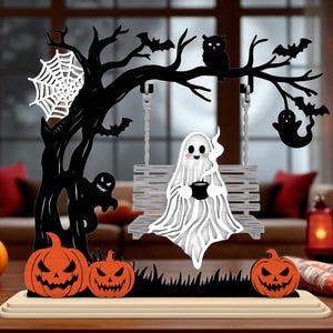 Halloween 3D Layered SVG, Ghost Swing Pumpkin Scene, Spooky Table Decor, Laser Cut Halloween Decoration File