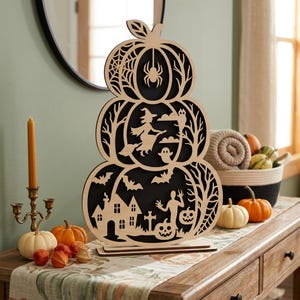 Halloween Pumpkin Stack SVG, Haunted House Witch Ghost Scene, Spooky Pumpkin Decor, Laser Cut File, Wooden Halloween Display