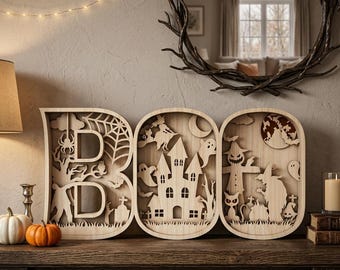 BOO Multilayer SVG, Halloween Letter Decor, Haunted House Ghost Witch Scene Laser Cut File, Wooden Halloween Sign