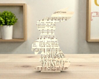 He Is Risen Bunny SVG, The Old Rugged Cross Hymn Sheet Music Laser Cut File Svg, Religious Easter Wood Sign, Glowforge xTool Cricut Decor