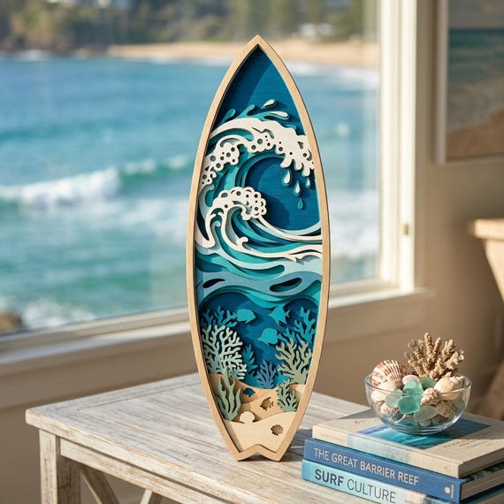 Surfboard Ocean SVG, Wave Layered Laser Cut File, Coastal Beach