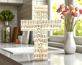 Faith Cross SVG, The Old Rugged Cross Hymn Sheet Music Decor, Wooden Religious Sign Laser Cut File, Glowforge xTool Cricut, Christian Gift