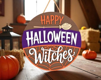 Happy Halloween Witches Door Hanger Svg, Witch Broom Round Sign Svg,Trick Or Treat Halloween Door Sign,  Spooky Porch Decor , Glowforge File