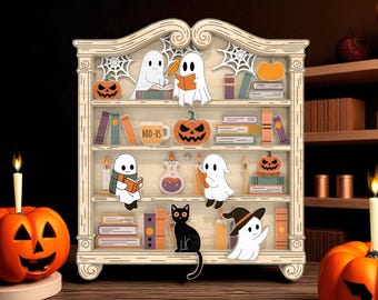 Halloween Ghost Bookshelf Stand Decor Svg, Bookish Ghost Layered Svg, Cute Spooky BooRS  Laser Cut Svg, Ghost Reading Svg, Glowforge Svg