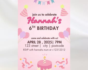 Plantilla de invitación de cumpleaños rosa / Invitación para fiesta de niña (Descarga digital)