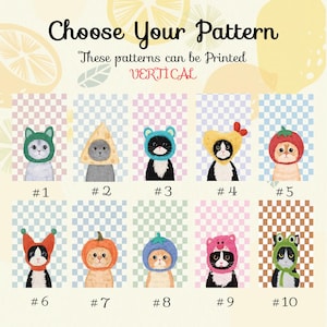 May include: An illustration featuring ten cats, each wearing a different hat. The hats include a green cat, a cheese wedge, a blue bear, a yellow flower, a tomato, and more. The text "Choose Your Pattern" is at the top.