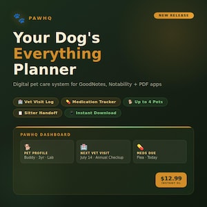 May include: A digital pet care planner titled Your Dog's Everything Planner by PAWHQ. Features include a vet visit log, medication tracker, sitter handoff, and dashboard for up to 4 pets. Compatible with GoodNotes, Notability, and PDF applications.