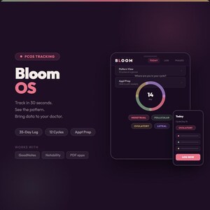 May include: A digital interface for Bloom OS PCOS tracking software displayed on tablet and smartphone screens. The dark purple UI features a circular cycle progress ring, text labels for menstrual phases, and buttons for logging daily health data.