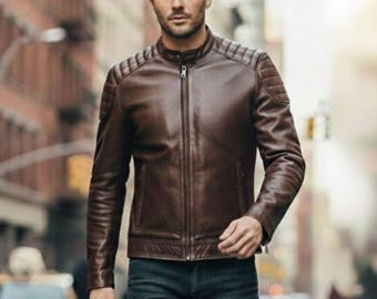 Men’s Brown Leather Moto Jacket, Genuine Leather Biker Style, Slim Fit Coat