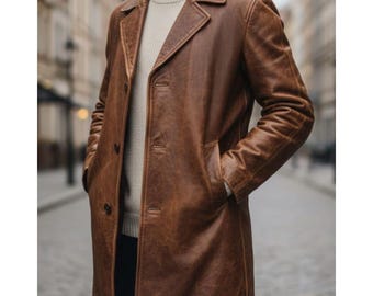 Giacca da uomo in pelle marrone – Cappotto classico vintage fatto a mano per autunno e inverno
