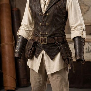 Könnte beinhalten: Eine dunkelbraune Lederweste mit Messingknöpfen und seitlicher Schnürung über einem cremefarbenen Langarmhemd. Das Outfit umfasst einen braunen Ledergürtel mit Tasche, dazu passende Lederarmschienen mit Messingnieten und braune Lederstiefel.