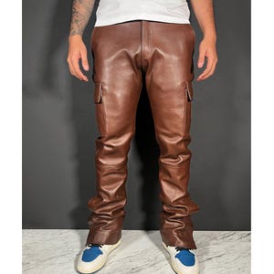 Men’s Genuine Leather Stacked Cargo Pants Handmade Brown Black Utility Jeans