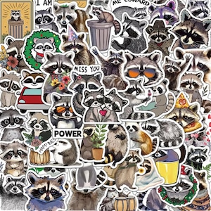 50 Raccoon Stickers, Assorted Self Adhesive Waterproof Labels, Zoo & Jungle Decals, Cartoon Style Funny Raccoons Laptop Journal Stickers F44