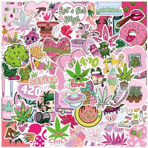 110 Weed Stickers, Assorted Self Adhesive Waterproof Stickers, Pink 420 Girl Stoner Sticker for Journals, Skateboards, Laptops V30