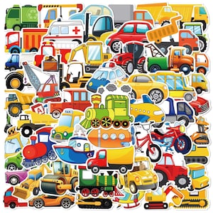 60 Vehicle Stickers, Assorted Self Adhesive Waterproof Stickers, Car Truck, Helicopter Theme Train, Boat, Plane, Digger Dumper Labels B64